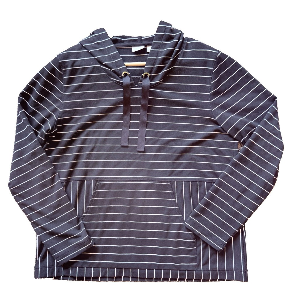 Chico's Zenergy Women's Pullover Hoodie Black/White Stripe Size 2 Drawstring
